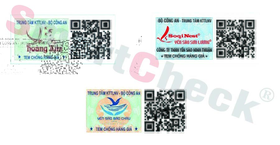 Một số mẫu tem chống giả Bộ Công an tích hợp Qrcode do Smartcheck cung cấp cho các doanh nghiệp sản xuất và kinh doanh yến sào
